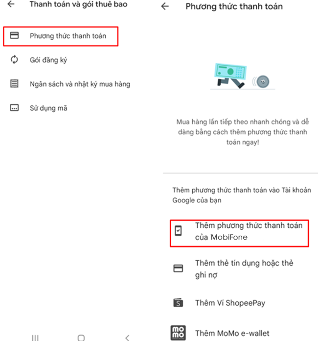 Them phuong thuc thanh toan google mobifone