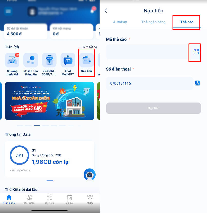 huong dan nap tien dien thoai mobifone bang ma qr